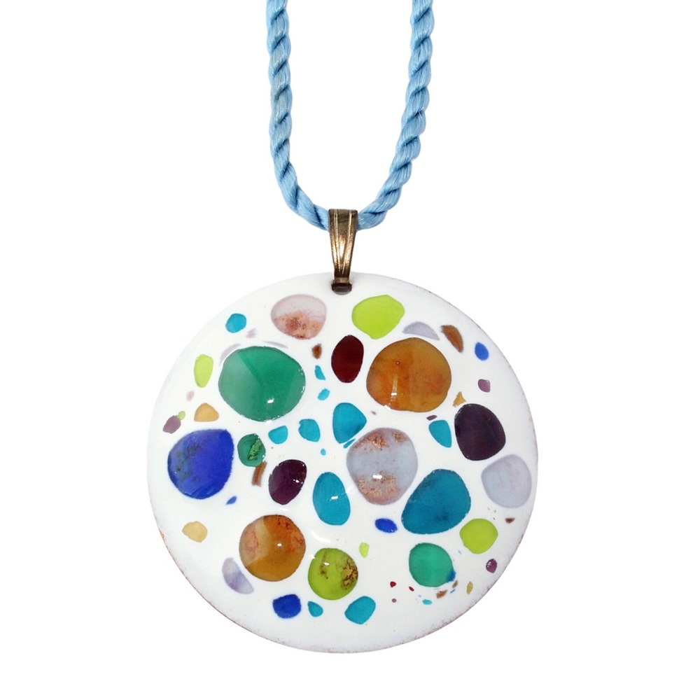 Vintage Carolyn Kurt Enameled Copper Pendant Necklace White & Multicolor Enamel